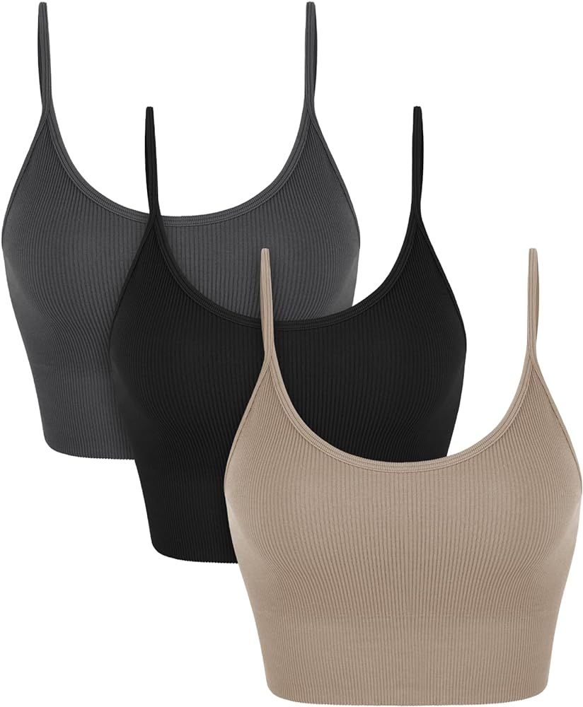 ODODOS 3-Pack Seamless Sports Bra for Women Ribbed Camisoles Wireless Yoga Bra Crop Tank Tops | Amazon (US)