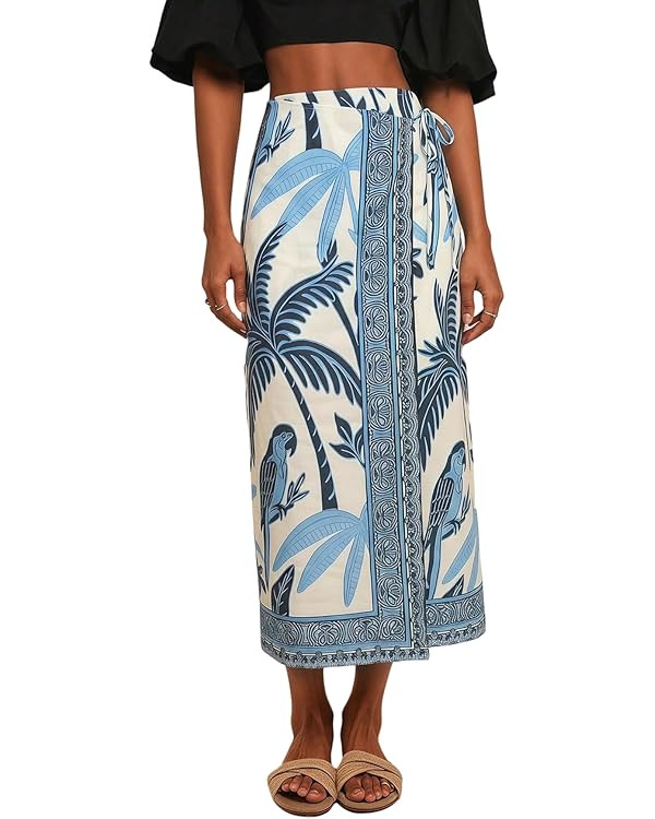 MakeMeChic Women's Wrap Skirt Tropical Print Midi Skirts Boho Summer Vacation Beach Long Skirts | Amazon (US)