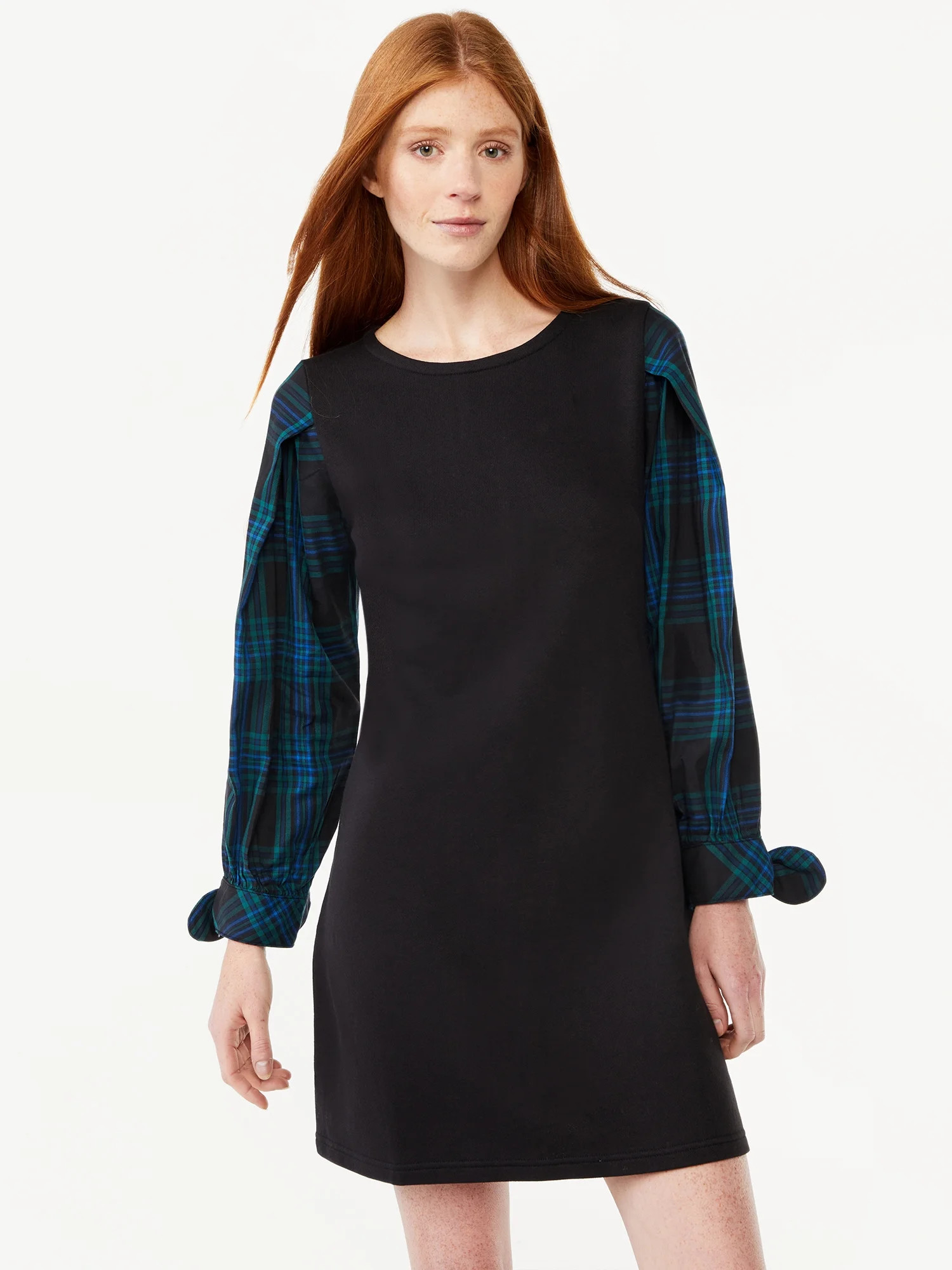 Free Assembly Women's Pleated Shoulder Mixy Mini Dress with Tie Cuffs - Walmart.com | Walmart (US)