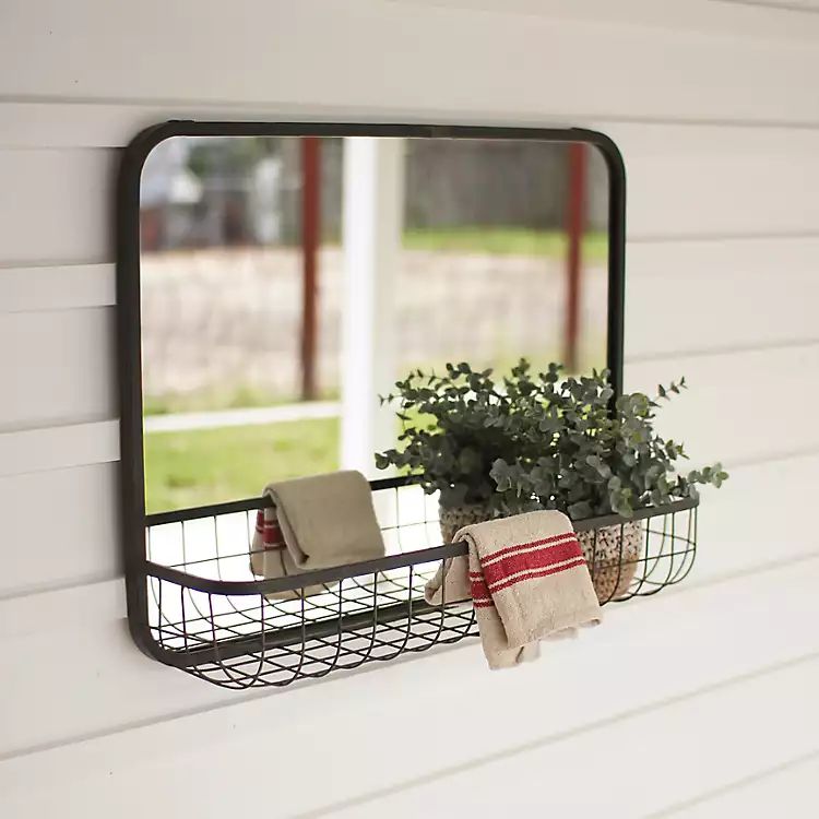 Gray Rectangular Mirror with Wire Basket | Kirkland's Home