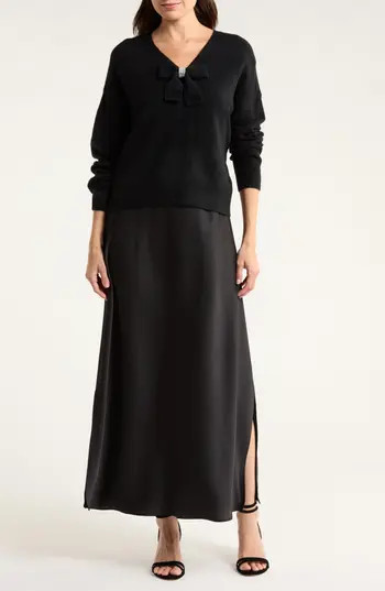 Halogen® Rhinestone Bow Sweater With Slipdress in Rich Black at Nordstrom Rack, Size Xx-Small | Nordstrom Rack