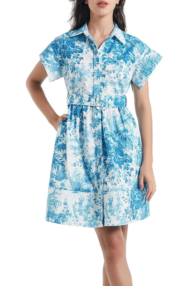 D-Sun Women Button Down Shirt Dress V-Neck Floral Printed Short Sleeve Mini Dress Casual Belted S... | Amazon (US)