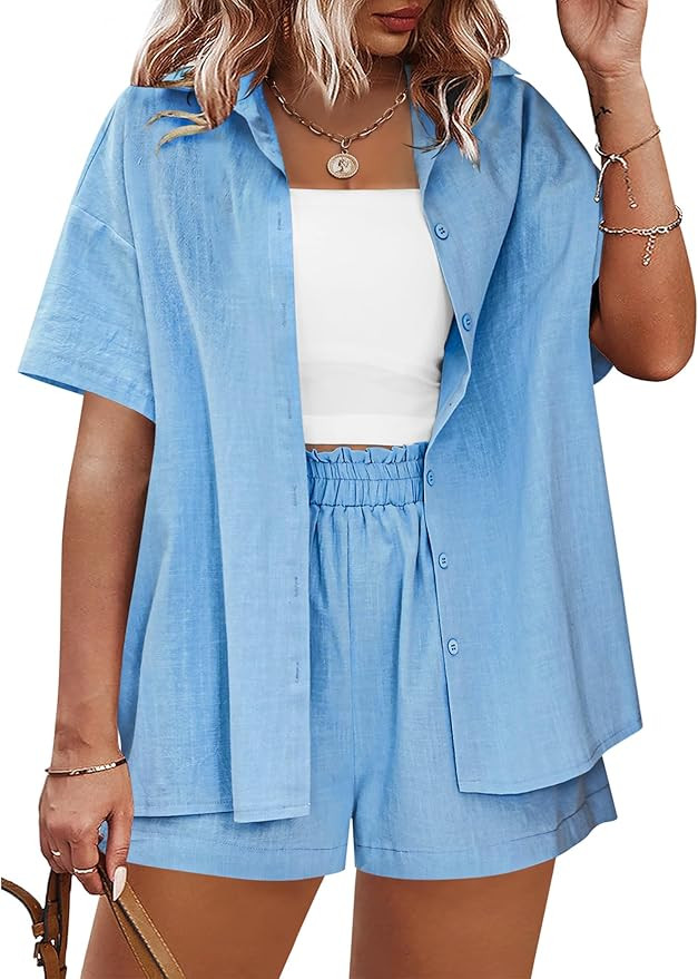 IN'VOLAND Women's Plus Size 2 Piece Tracksuit Outfits Sets Cotton Linen Sets Short Sleeve Shirt S... | Amazon (US)