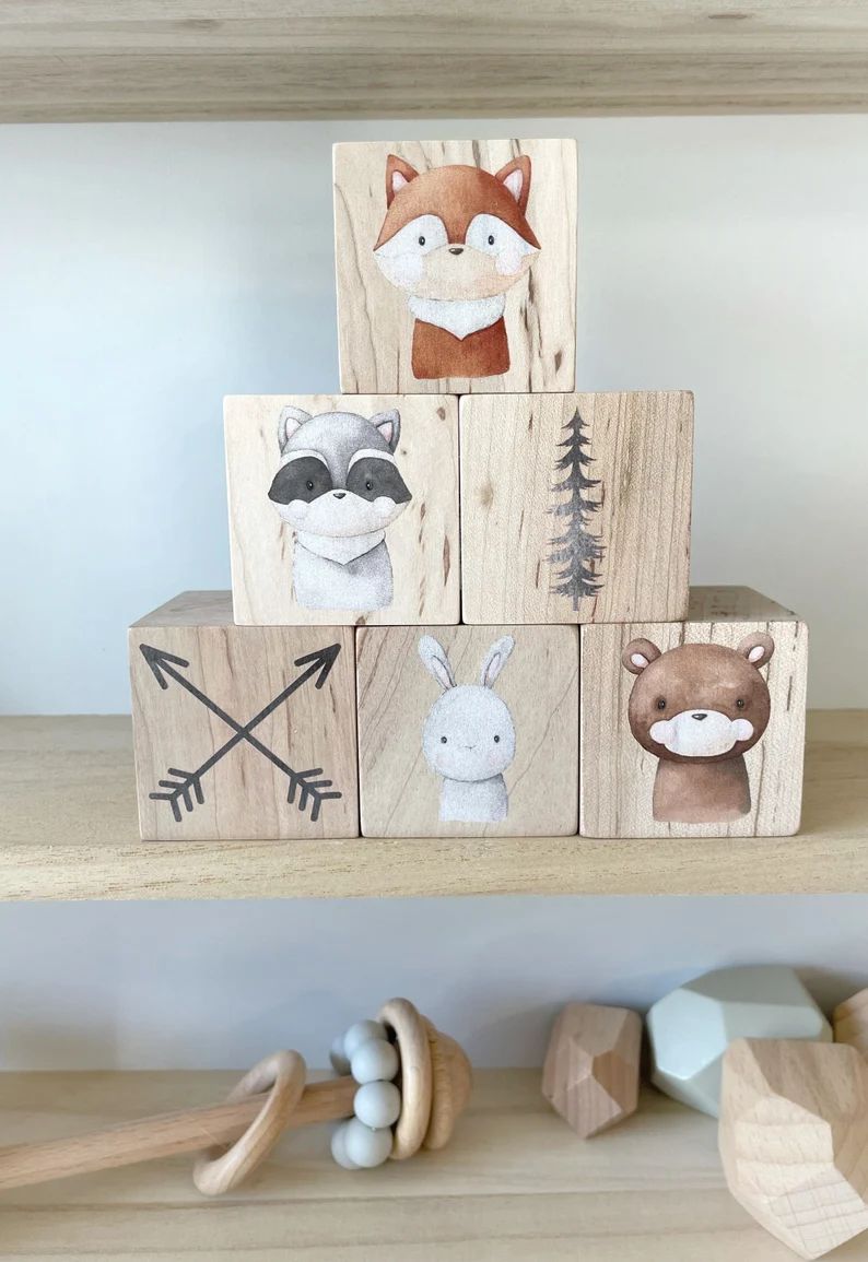 Baby Gift for Boy Nursery Decor Blocks With Woodland Animals - Etsy | Etsy (US)