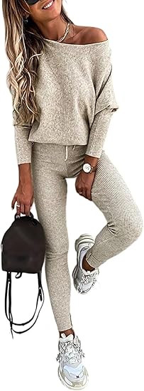 CHICME 2 Piece Lounge Outfit Long Sleeve Knit Pullover Tops Drawstring Pants Set Tracksuit Sweats... | Amazon (US)