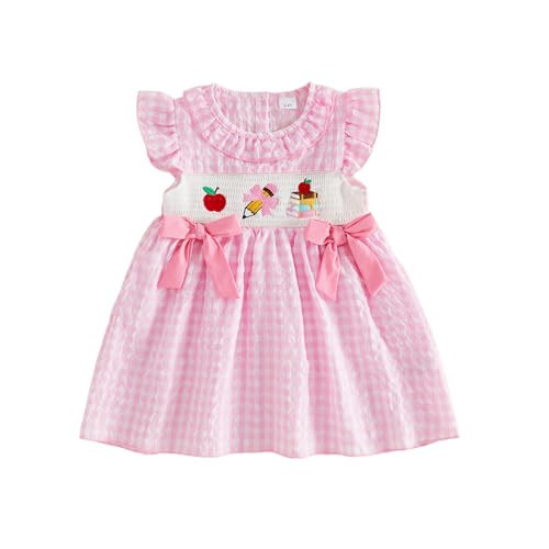 Toddler Baby Girl Back to School Outfit Apple Sleeveless Dress Fly Sleeve Smocked Dresses Girls Summer Clothes (Back to School-Pink, 6-7 Years) | Amazon (US)