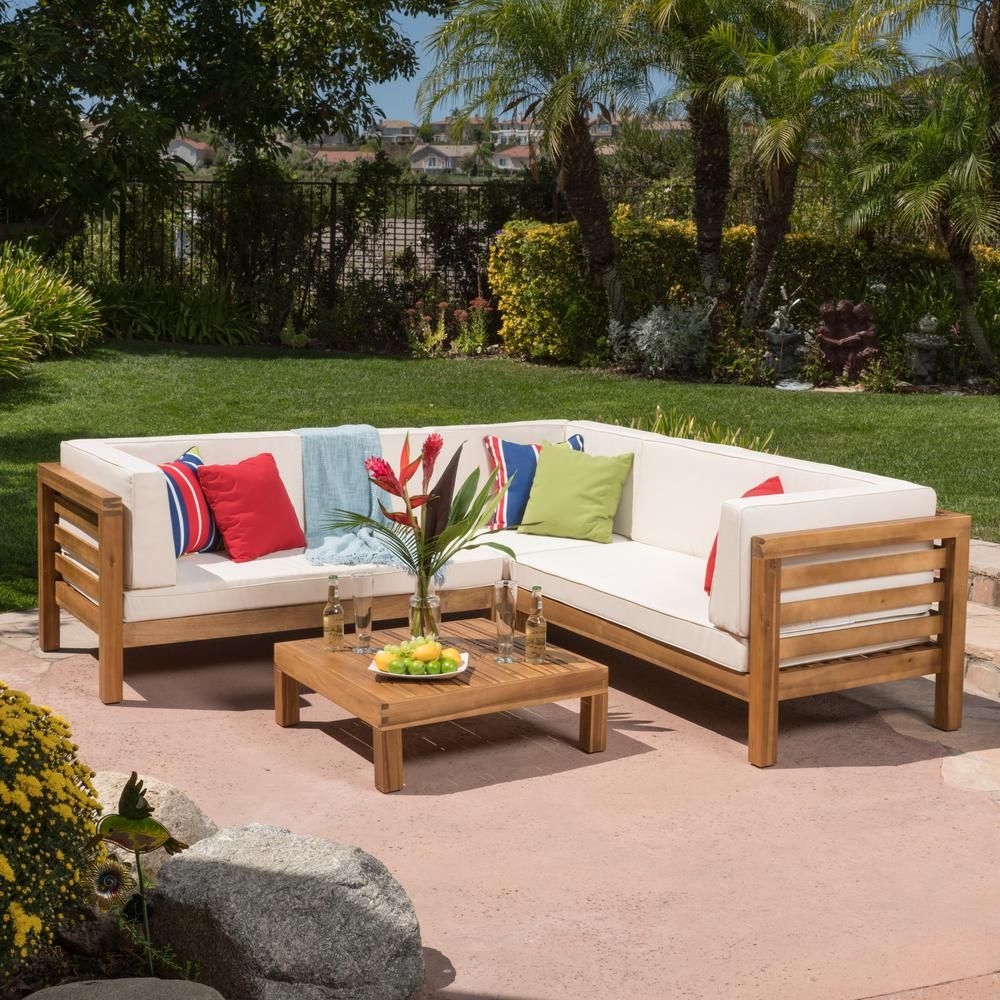 Oana Teak Finish 4-Piece Wood Outdoor Sectional Set with Beige Cushions | The Home Depot