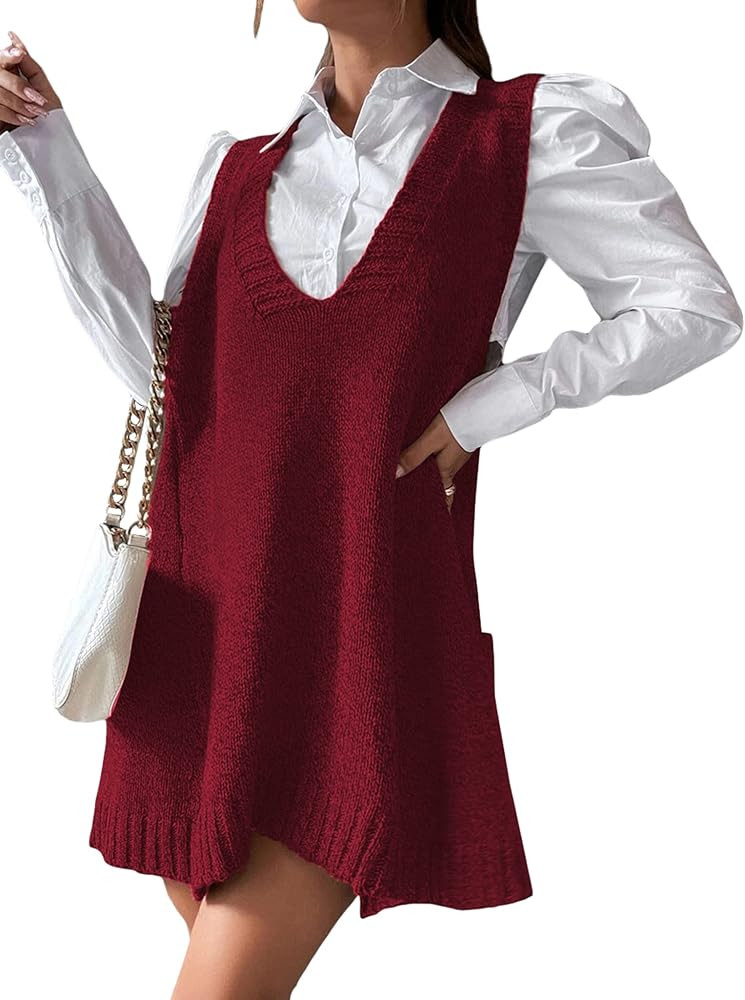 Zeagoo Womens Sweater Vest Dress Pattern Knitted Pullovers Sweaters V Neck Tank Sweater Dress wit... | Amazon (US)