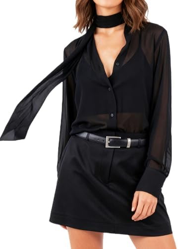 Prettywear Womens Sheer Long Sleeve Tops Sexy Mesh Going Out Blouse V Neck Shirt with Neck Tie | Amazon (US)