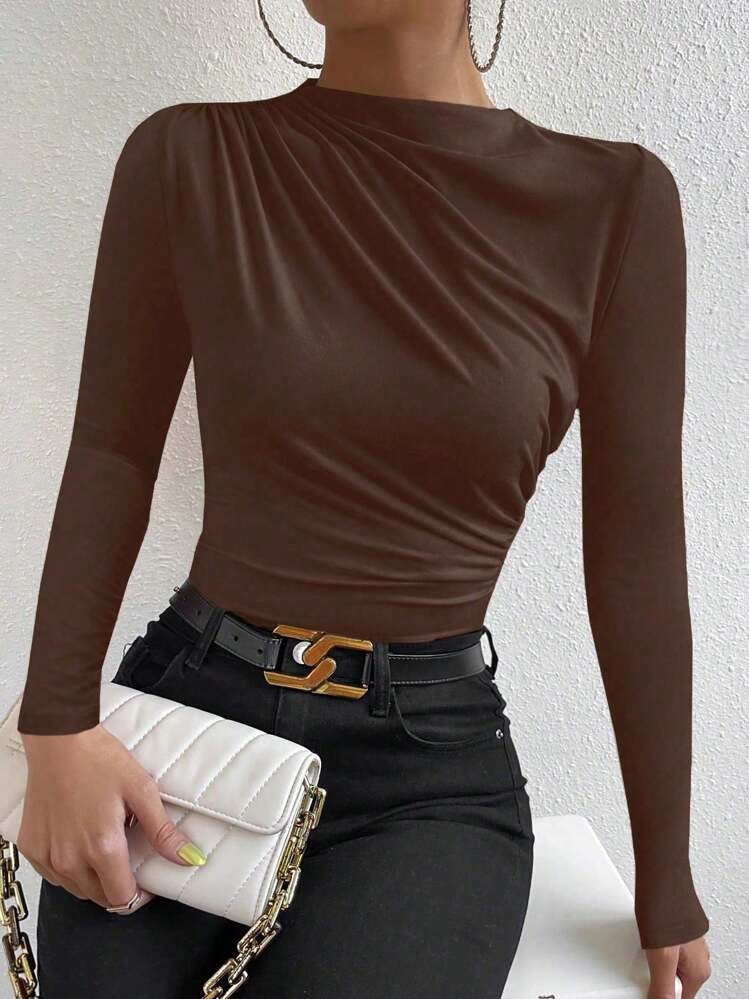 SHEIN PETITE Women Solid Color Stand Collar Long Sleeve Gathered Waist Casual Slim Fit Top Fall C... | SHEIN