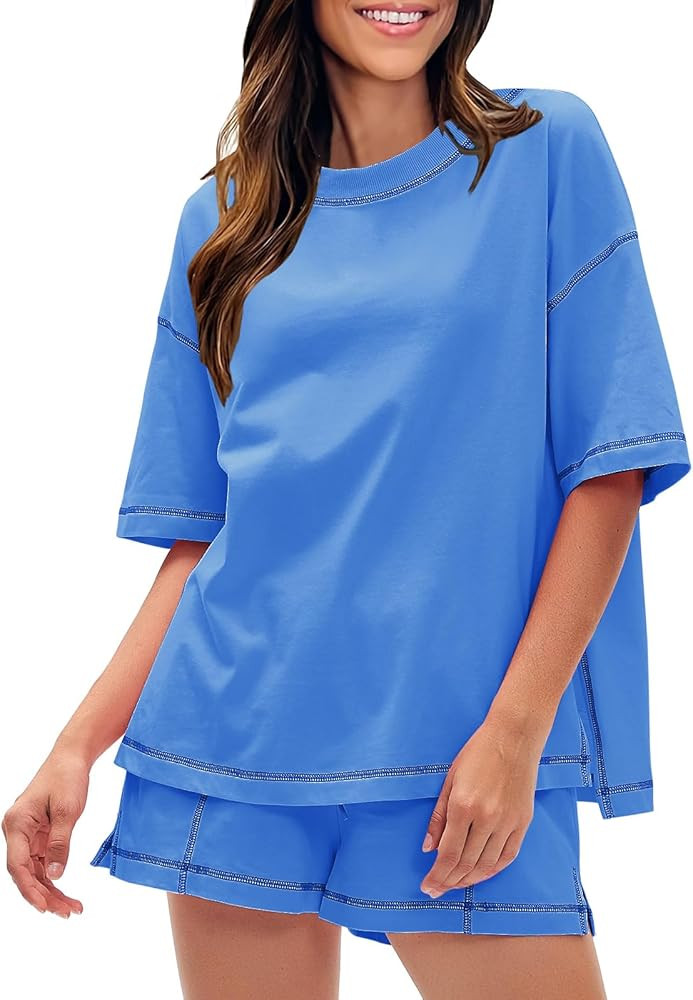 EXLURA Women's Casual Summer 2 Piece Sets 100% Cotton Short Sleeve Tshirt and Shorts Matching Swe... | Amazon (US)