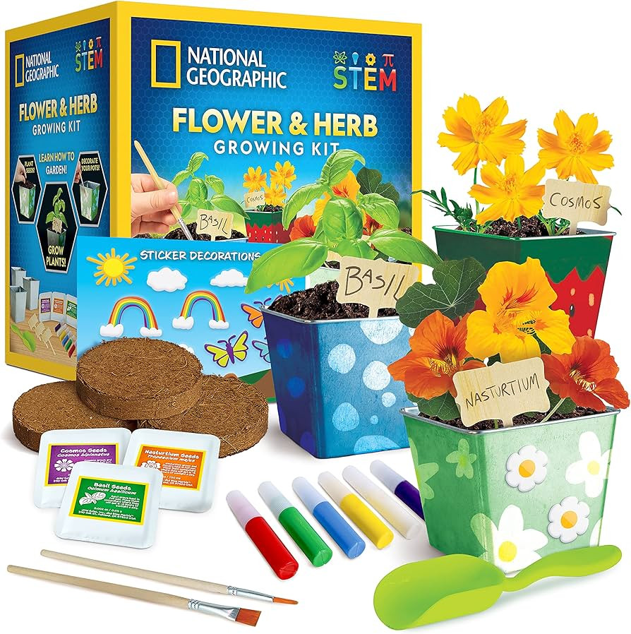 NATIONAL GEOGRAPHIC Flower & Herb Gardening Kit with 3 Stainless Steel Pots, Paint & Stickers, Ar... | Amazon (US)