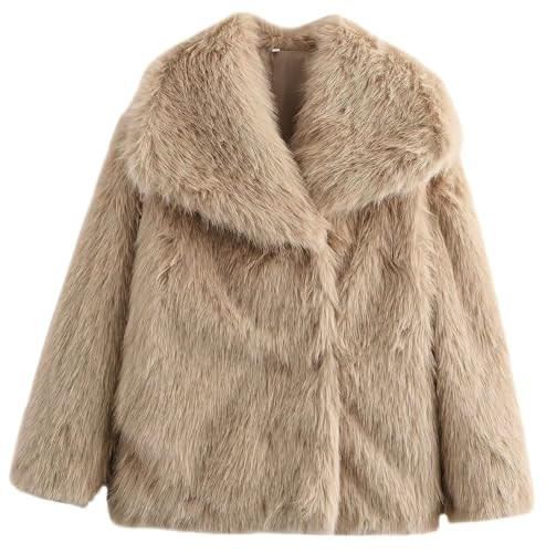 ebossy Women's Faux Fur Crop Jacket Long Sleeve Lapel Winter Warm Fluffly Leopard Pure Color Sherpa Coat (XS, A-Khaki) | Amazon (US)