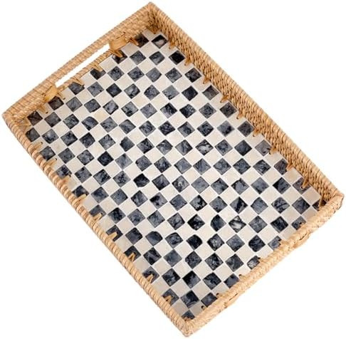 Rectangle Rattan Tray with Mother of Pearl Inlay, Rattan Serving Tray with Handle for Coffee, Bre... | Amazon (US)