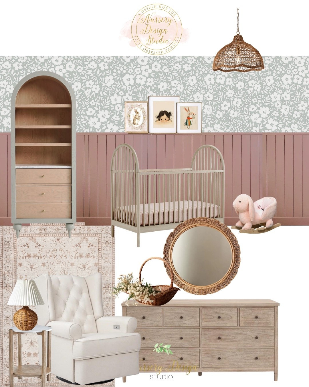 Part English cottage, part vintage romance—this nursery layers dusty rose paneling, delicate florals, warm oak furniture, and woven accents to create a space that feels timeless, feminine, and full of charm.

#LTKHome #LTKstorytime #LTKBump