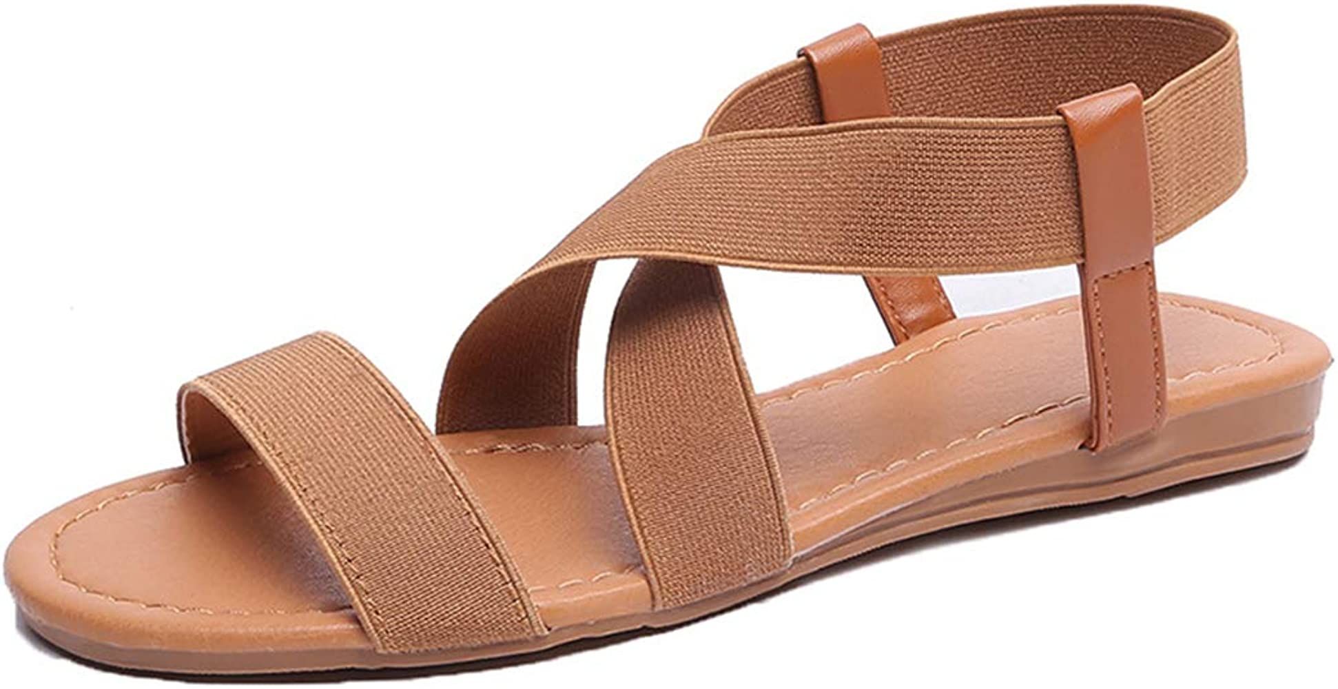 Husmeu Elastic Cute Flat Sandals for Women Casual Summer Beach Shoes Sandal Vacation Travel Gladiato | Amazon (US)