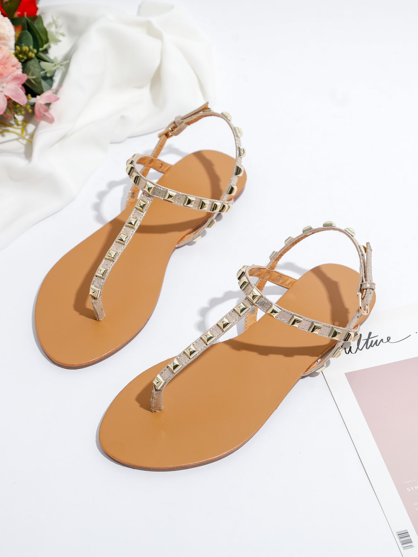 Fashionable outdoors sandálias flat com t-strap para mulheres, decoração de viga couro artific... | SHEIN