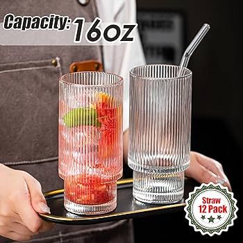 wookgreat Drinking Glasses, 16oz Origami Style Glass Cups with straw, 12 pcs Highball Glasses, El... | Amazon (US)