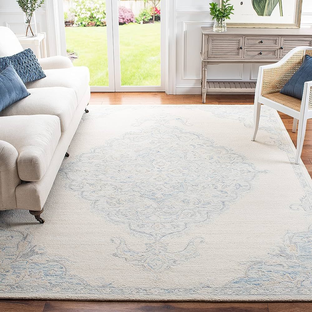 Safavieh Micro-Loop Collection Area Rug - 8' x 10', Ivory & Blue, Handmade Wool, Ideal for High T... | Amazon (US)