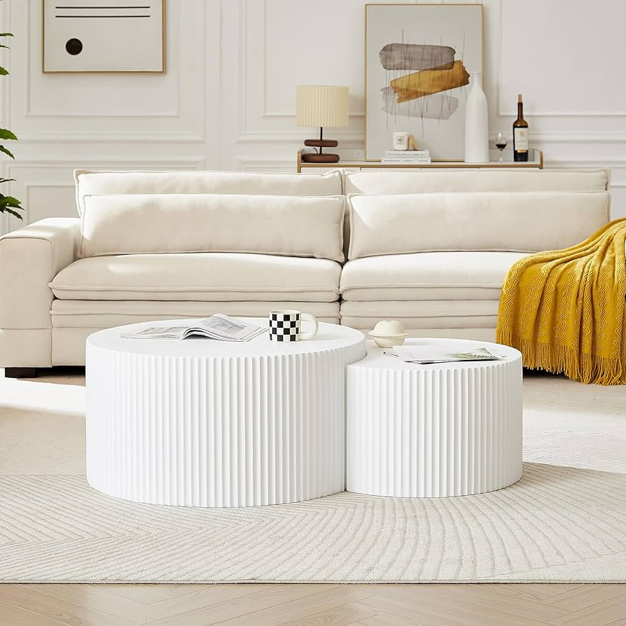 White Round Coffee Table Set of 2, Modern Nesting Coffee Table End Table Set for Living Room, Wood Circle Drum Side Table, Matte White | Amazon (US)