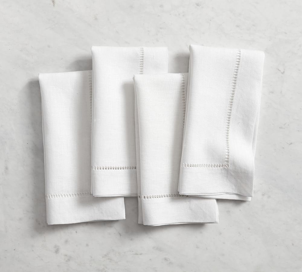 Linen Hemstitch Napkins, Set of 4 - White | Pottery Barn (US)