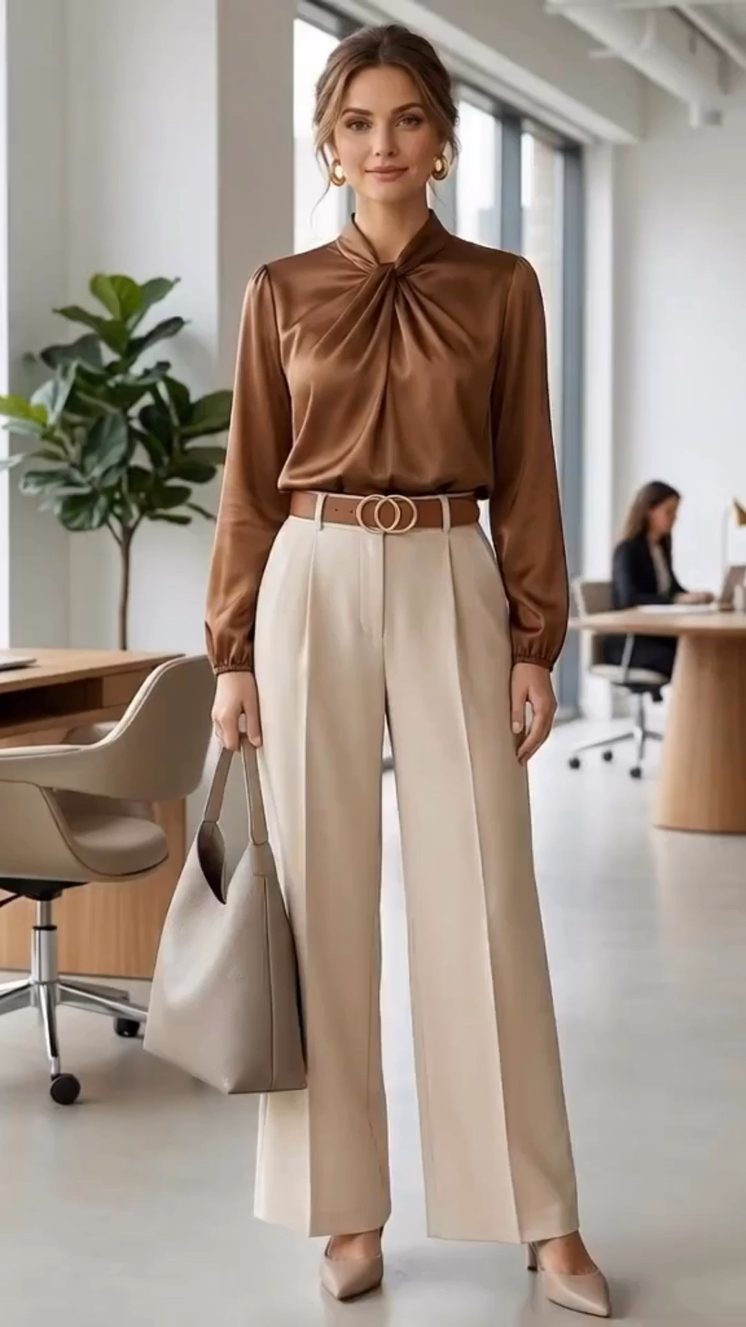 Chic in Caramel & Cream: The Perfect Spring Office Edit
Master the "Quiet Luxury" aesthetic with this elevated casual ensemble, perfect for a seamless transition from morning meetings to sunset networking. This look centers on a rich, caramel-toned satin blouse with a sophisticated twist-neck detail that adds instant texture and dimension.
The true stars of this outfit are the wide-leg trousers in a soft cream.

Flatlays represent original outfits. AI model is used for the outfit illustration.

#LTKworkwear #OfficeStyle #QuietLuxury #SpringFashion #MinimalistChic #ElevatedCasual #CapsuleWardrobe

#LTKWorkwear #LTKootd #LTKSeasonal