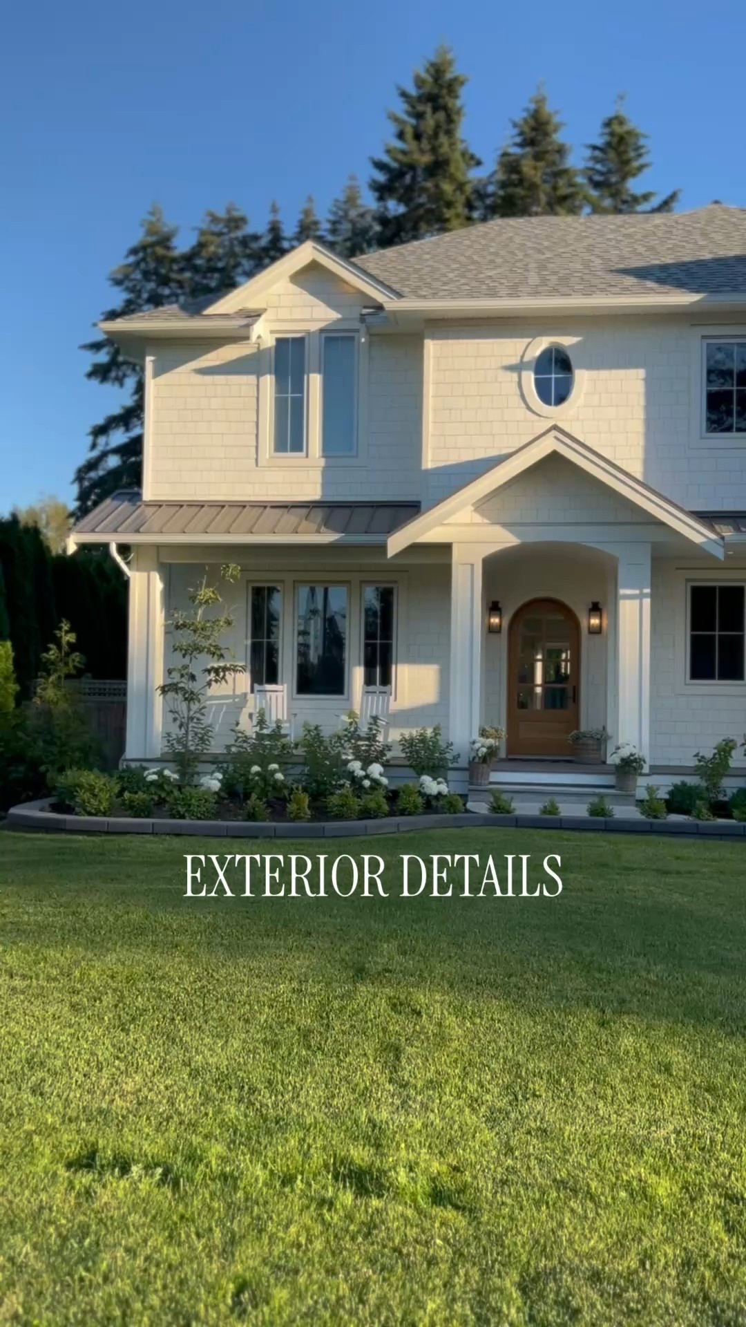 Exterior Details 🏠 (because there’s no gatekeeping here)

• Exterior Color: White Dove by Benjamin Moore
• Siding: Allura USA Fiber Cement Shingles
• Front Door: Custom-made by a local door company — I recommend finding a custom door company near you and bringing an inspo photo. That’s exactly how I found mine!
• Roof: IKO Cambridge Series in Dual Grey
• Garage Doors: Clopay Coachman Premium Series

✨ Lighting details are linked in my LTK — comment SHOP and I’ll send you the link.