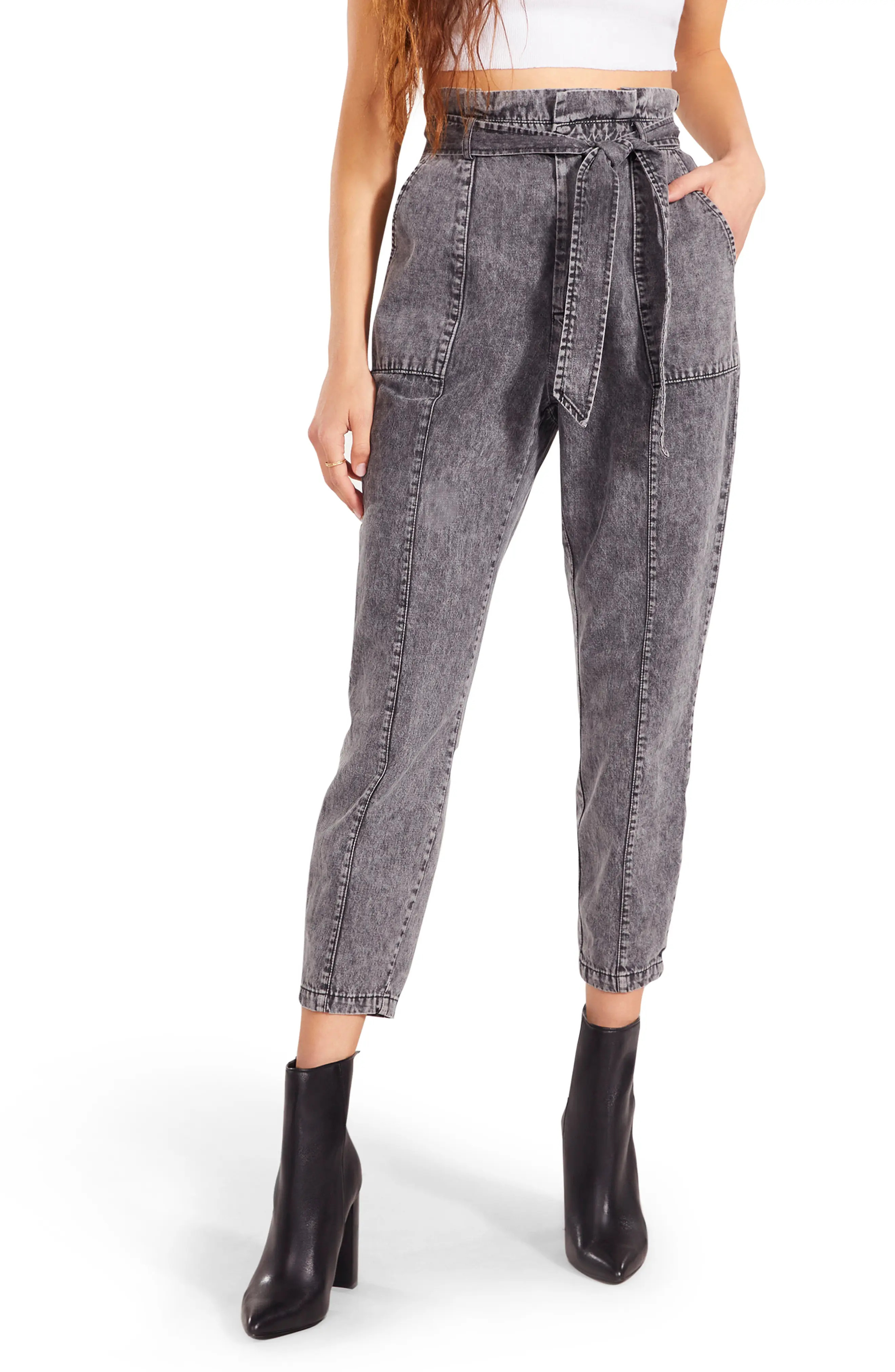 BB Dakota by Steve Madden Wash & Learn Paperbag Waist Nonstretch Ankle Jeans in Washed Black at Nord | Nordstrom