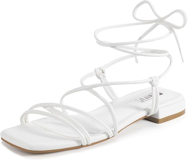 IDIFU Strappy Lace Tie Up Square Toe Ankle Wrap Flat Sandals for Women | Amazon (US)