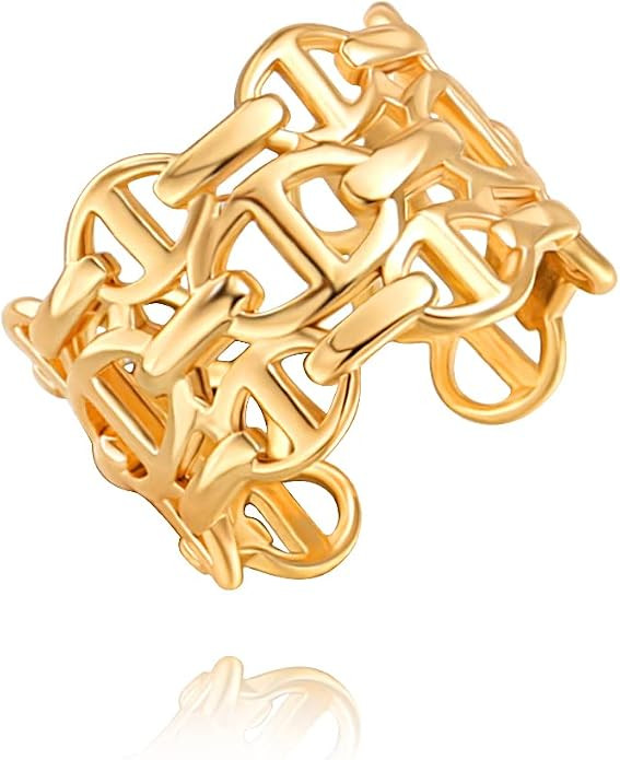 POTESSA 18K Gold Plated Open Rings for Women Wide Band Link Chain Ring Simple Stacking Finger Jew... | Amazon (US)