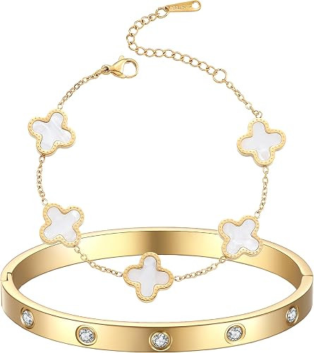 18K Gold Plated Clover Bracelet Love bangle Set for Women Stack Cute Fashion Simple Friendship Br... | Amazon (US)