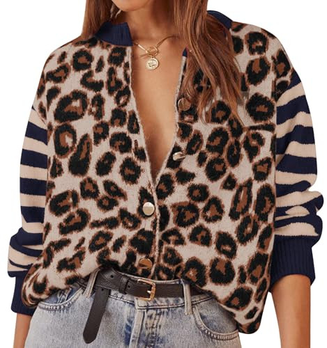 Striped Leopard Cardigan Sweaters for Women Lightweight Animal Cheetah Print Cardigans Knit Sweat... | Amazon (US)