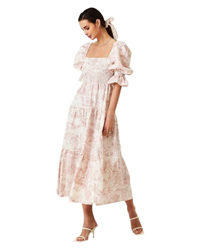 Women’s Cotton Linen Kiko Maternity Dress, Smocked Floral Maxi Gown for Baby Shower & Photoshoot, Elegant Off Shoulder Dress with Short Puff Sleeve for Pregnancy, Weddings & Events, Baby Pink, S | Amazon (US)