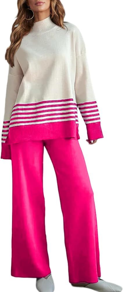 ELLENWELL Casual Sweater Sets Women 2 piece Outfits Long Sleeve Striped Pullover Top Wide Leg Pan... | Amazon (US)