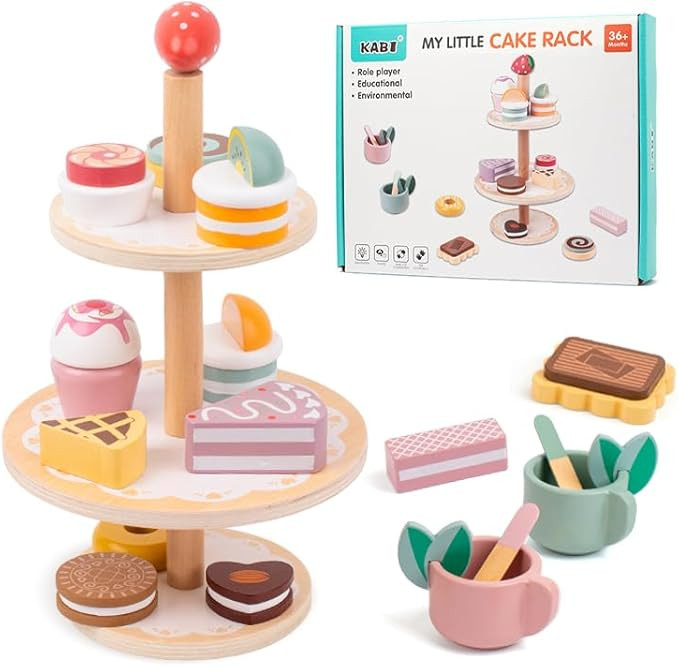 Wooden Tea Party Set, Tea Sets for Toddlers 3-5, Toddler Tea Set with Dessert Cookies & Cake Stan... | Amazon (US)