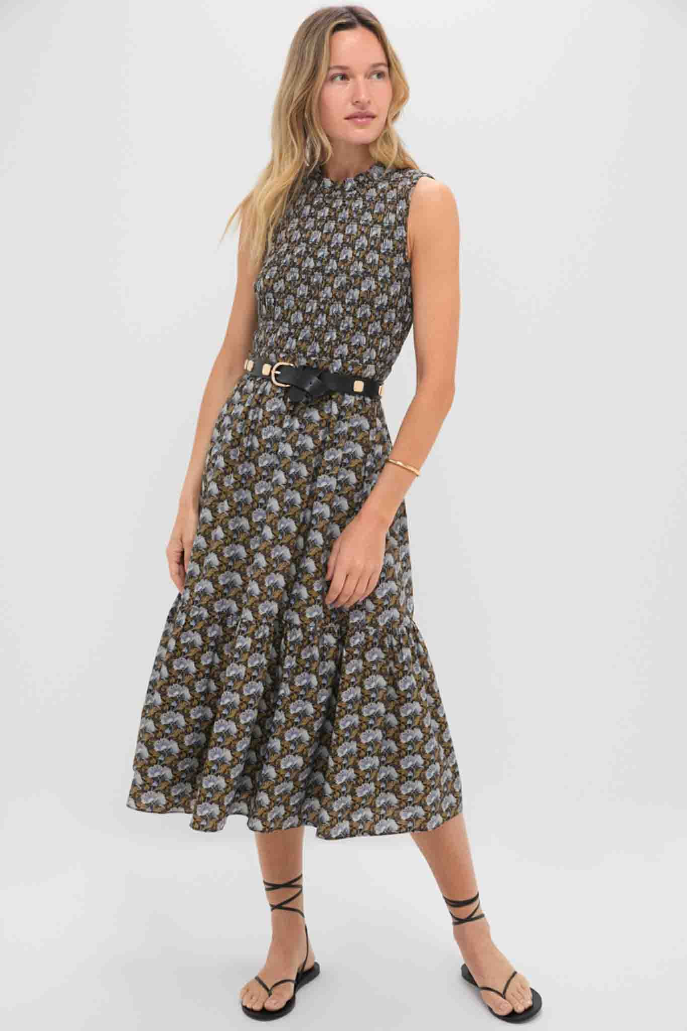 Black Leafy Floral Smocked Seaton Midi Dress | Tuckernuck (US)