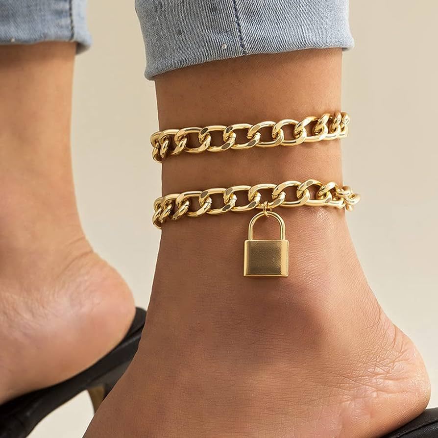 Octwine Boho Dainty Lock Anklet Bangles Stackable Chain Bracelet Set Chunky Layered Bracelet Chai... | Amazon (US)