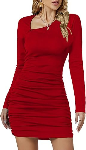 Umenlele Women’s Sexy Asymmetric Neck Long Sleeve Bodycon Ruched Party Short Mini Dress | Amazon (US)