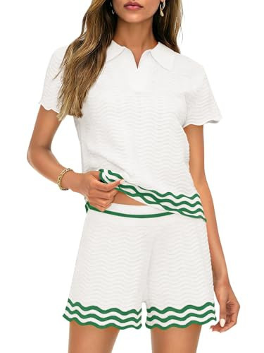 Saodimallsu Womens Sweater Sets 2 Piece Outfits Short Sleeve Polo V Neck Knit Tops Waves Shorts Matching Lounge Set | Amazon (US)