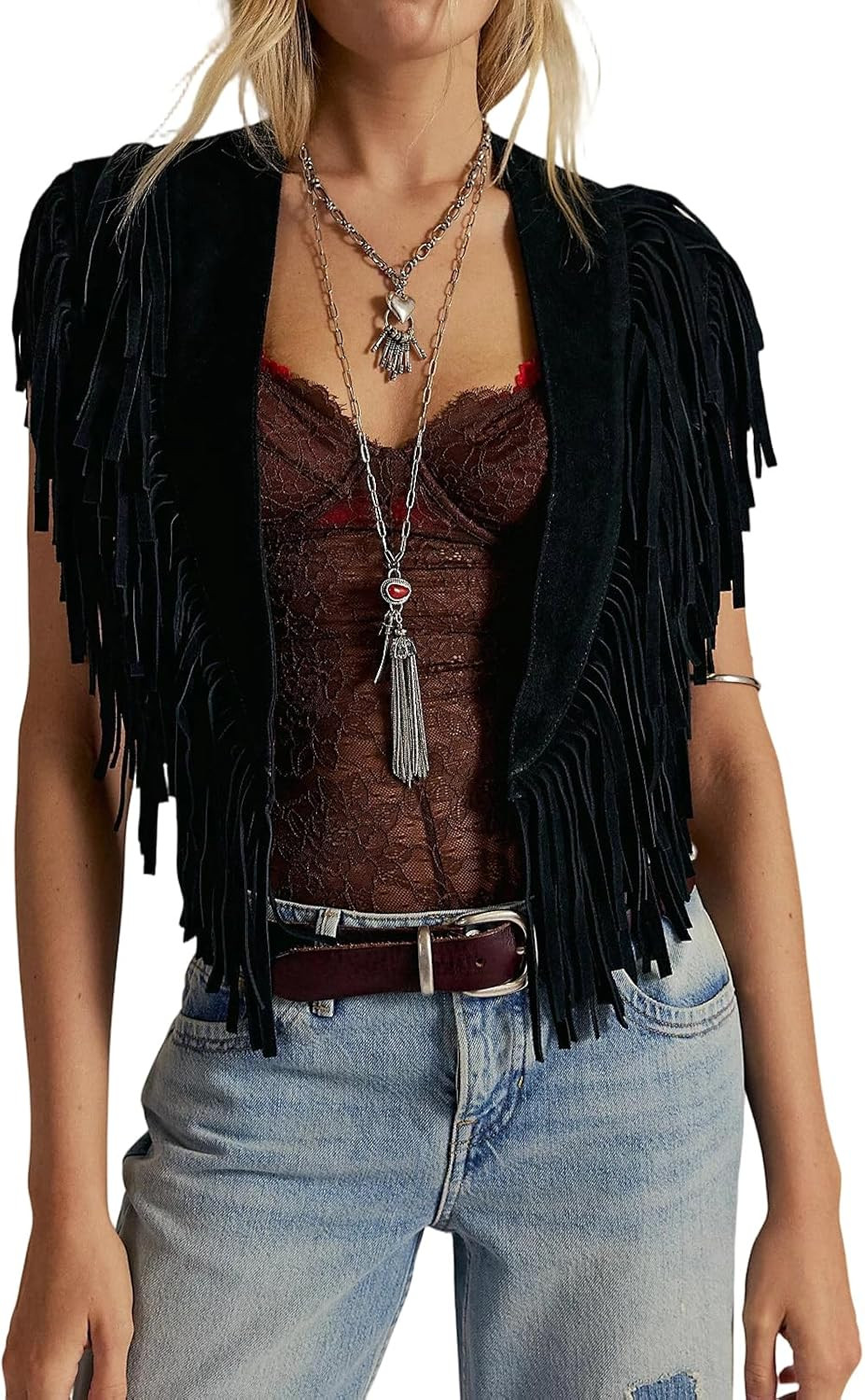 Foidiccx Womes Western Suede Fringe Vest Shawl Collar Cape Y2k Boho 70s Fringed Tassel Sleeveless Jacket Cowgirl Outfit | Amazon (US)