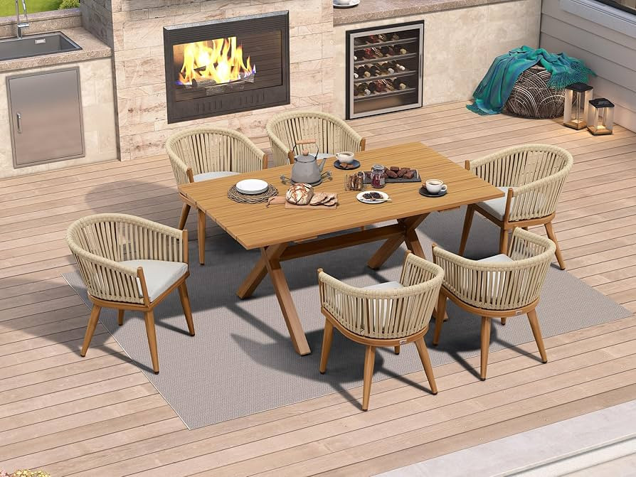 PURPLE LEAF 7 Pieces Outdoor Dining Set with Patio Aluminium Dining Table and Wicker Chairs Moder... | Amazon (US)