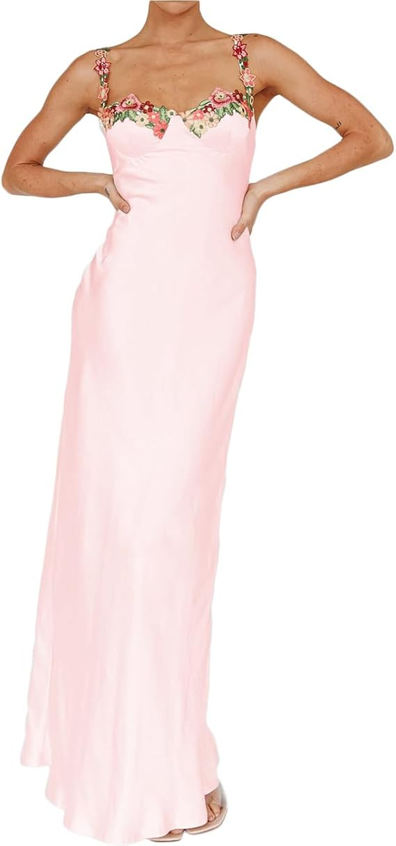 Sexy Satin Spaghetti Strap Floral Embroidered Maxi Dress for Women Sweetheart Neckline Backless S... | Amazon (US)