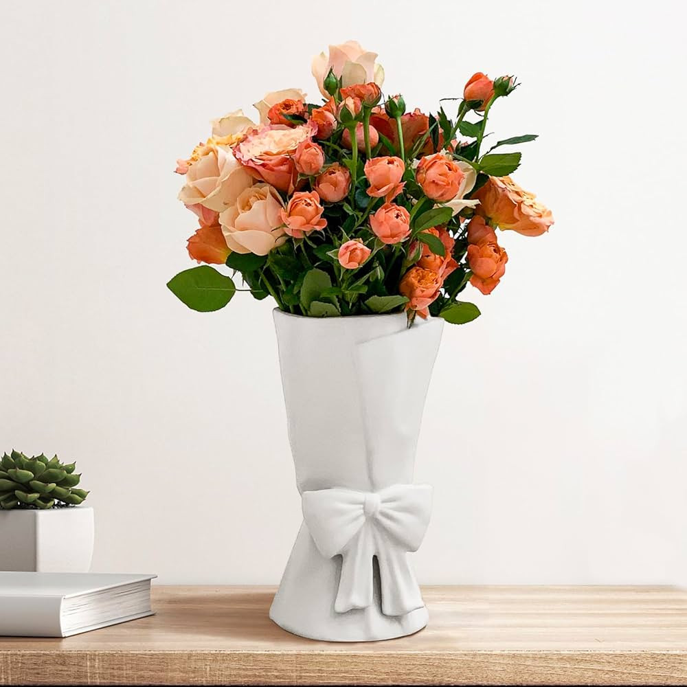 Relexome White Ceramic Vase for Home Decor 9.64'' Large Tall Flower Vase for Bouquet Modern Cute Decorative Vase for Dried Flowers Pampas Branches Abstract Unique Vase for Living Room Table Decor | Amazon (US)