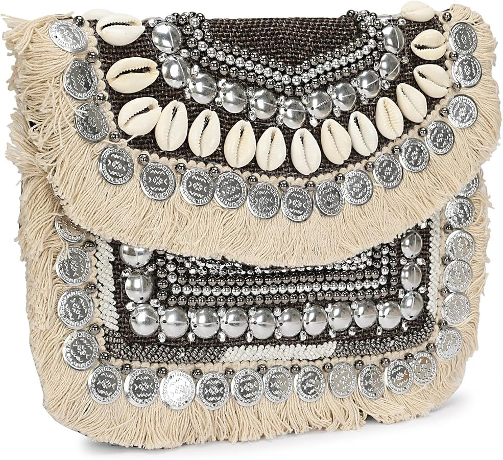 LONGING TO BUY Woven Clutch with Shell and Coin Embellishments, Chain Strap Crossbody Bag For Wom... | Amazon (US)