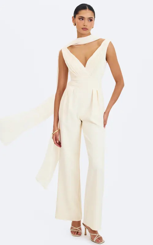 Miss Circle Harper Ruched V-Neck Jumpsuit with Scarf in Ivory at Nordstrom, Size Xx-Small | Nordstrom