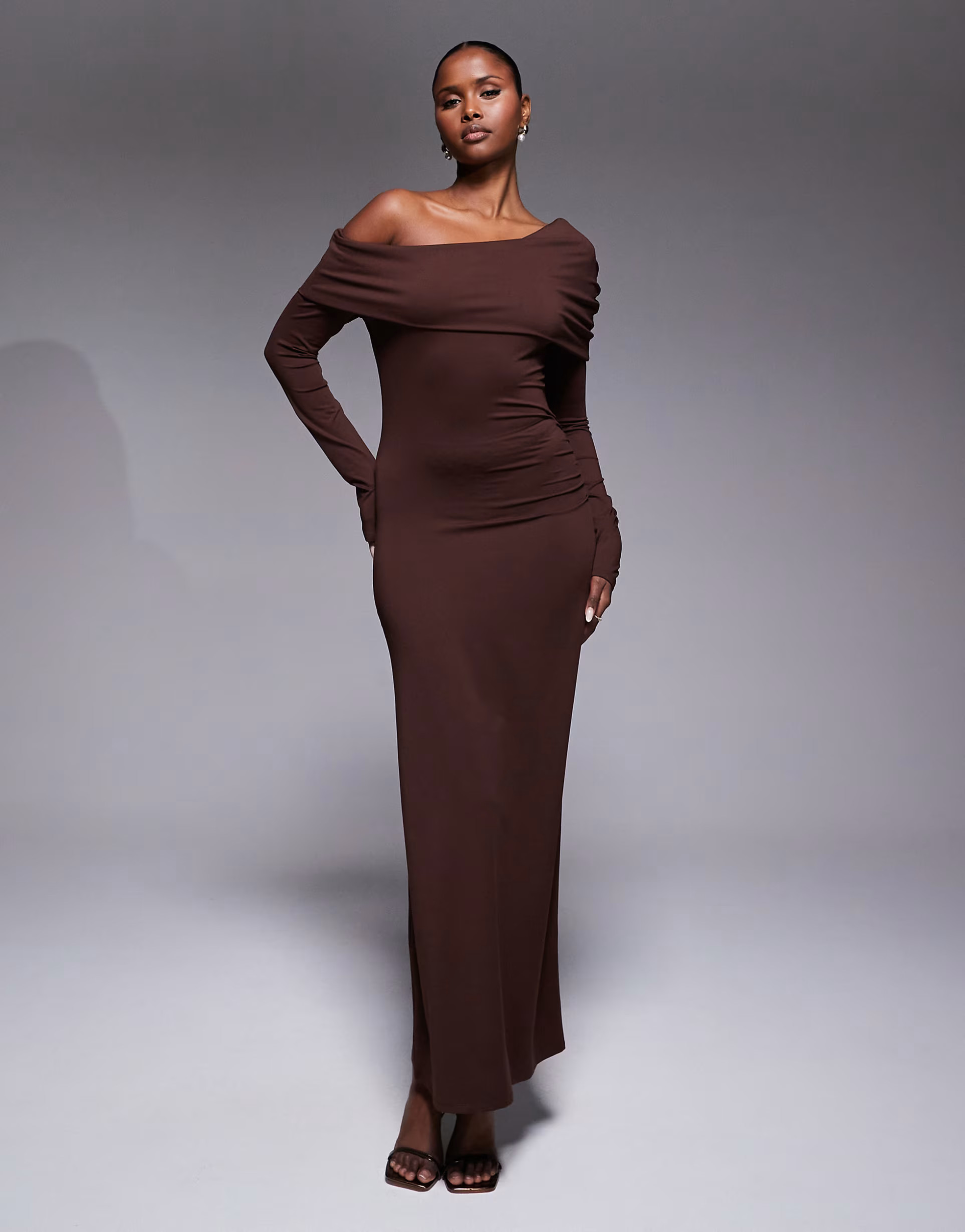 ASOS DESIGN off shoulder twist maxi dress in chocolate | ASOS (Global)