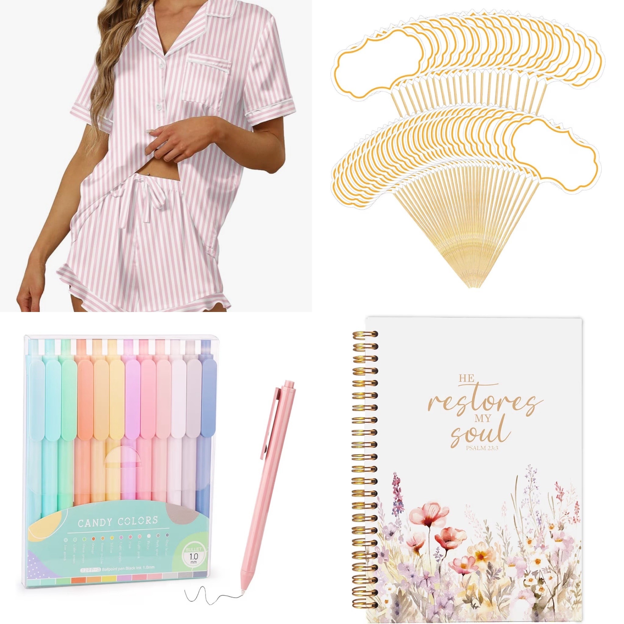 Pajamas and prayer night - women’s prayer journal, colored pens, pink striped pajamas silky, cupcake toppers you can write on 

#LTKselfcare #LTKFindsUnder100 #LTKFindsUnder50