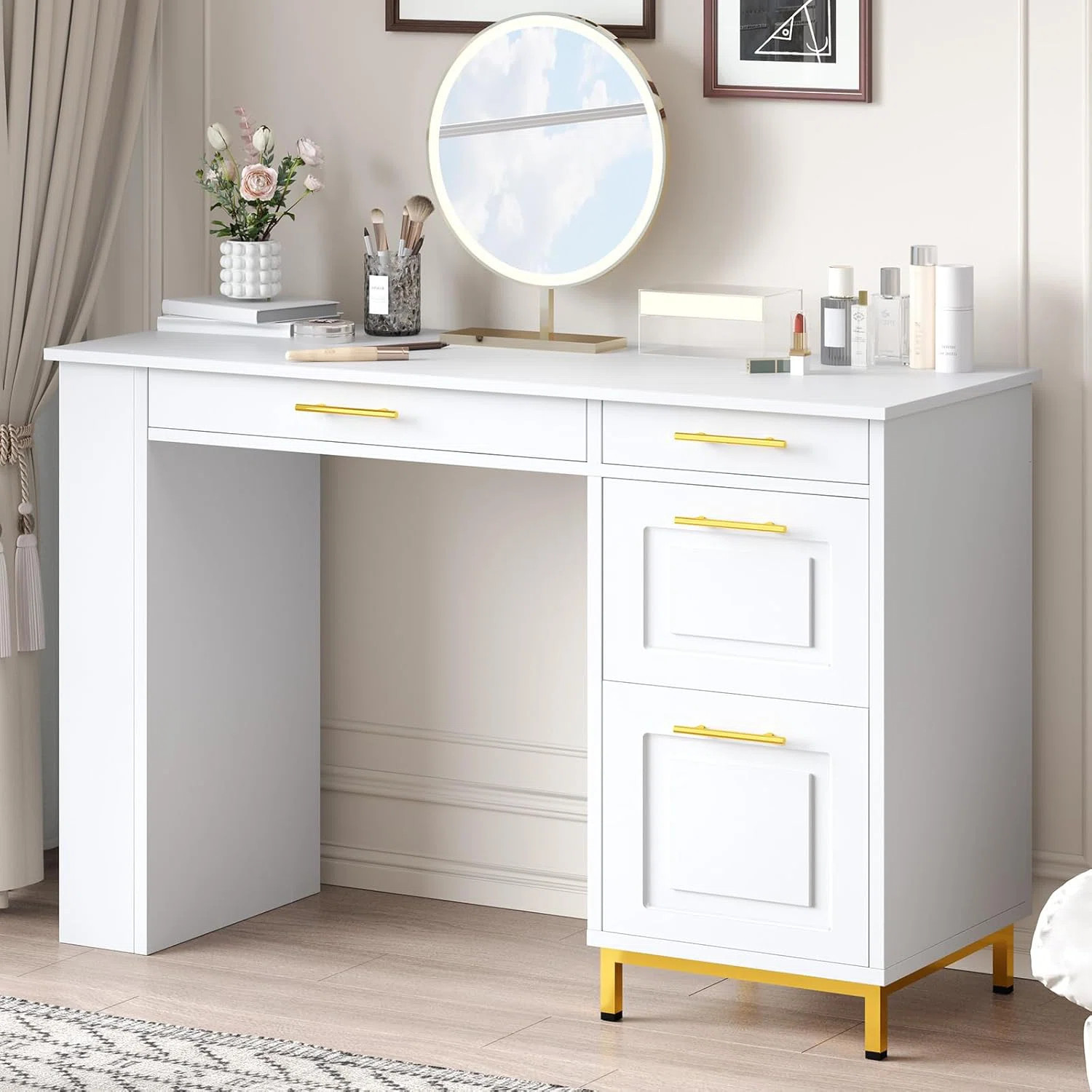 48 Inch Home Desk with Gold Handle Drawer and Power Outlet Computer Desk with Storage Shelf | Wayfair North America
