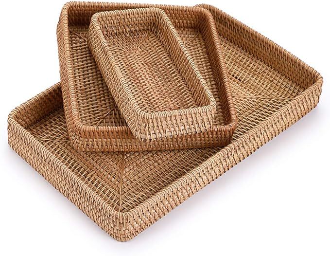 Hipiwe Set of 3 Rattan Wicker Serving Tray - Handmade Rectangle Serving Organizer Tray, Tabletop ... | Amazon (US)