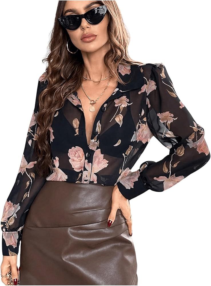 Floerns Women's Floral Print See Through Long Sleeve Button Down Blouse Shirts | Amazon (US)